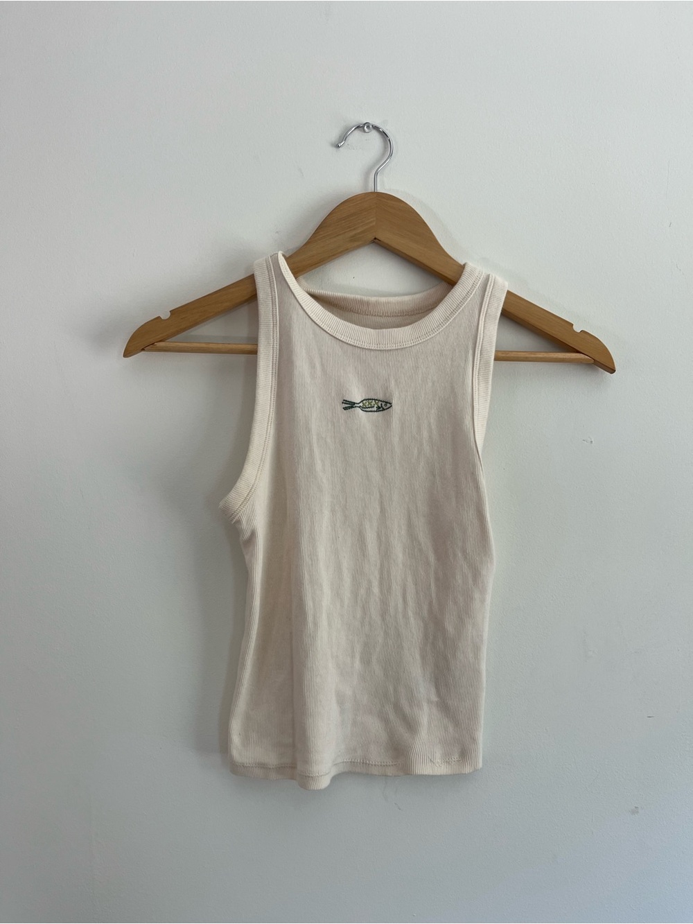 a new day Cream Ribbed Tank with Green Fish Motif